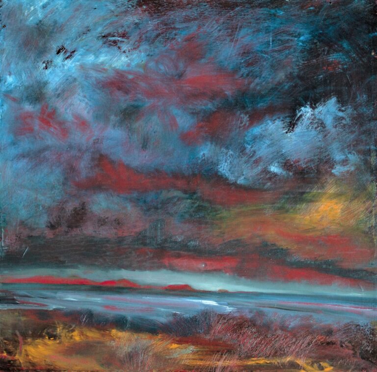 Smyth, Red sky at night, 2021, 52x52cms, oil on wood (recycled trapdoor)