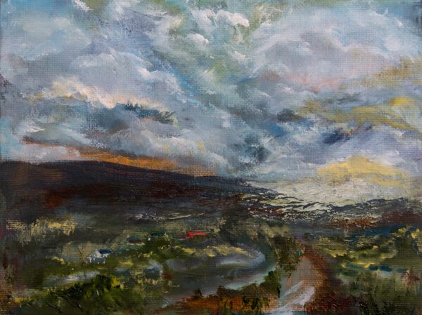 Gazing back as the morning mist lifts - an original oil painting by Sinéad Smyth